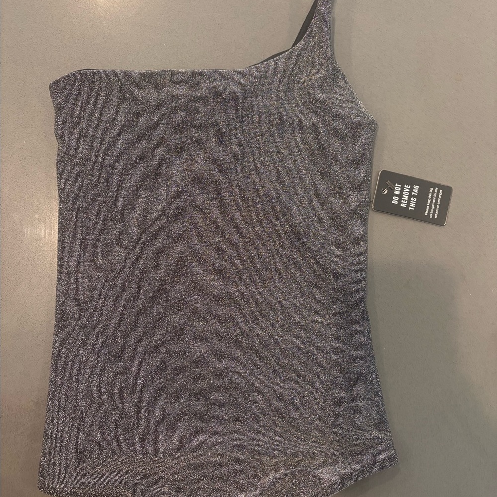 NWT Express sparkly black/silver one shoulder body suit